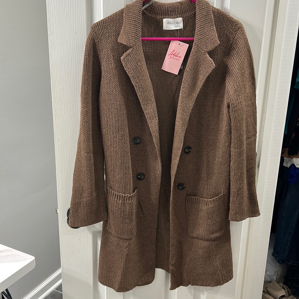 Lapel duster cardigan with pockets and faux buttons